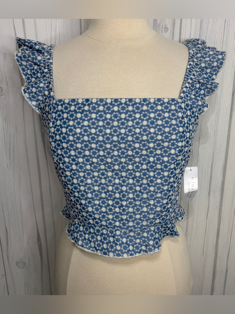 NWT‎ KIRIOUS Cottagecore Embroidered Ruffle Tie Back Crop Top, XL